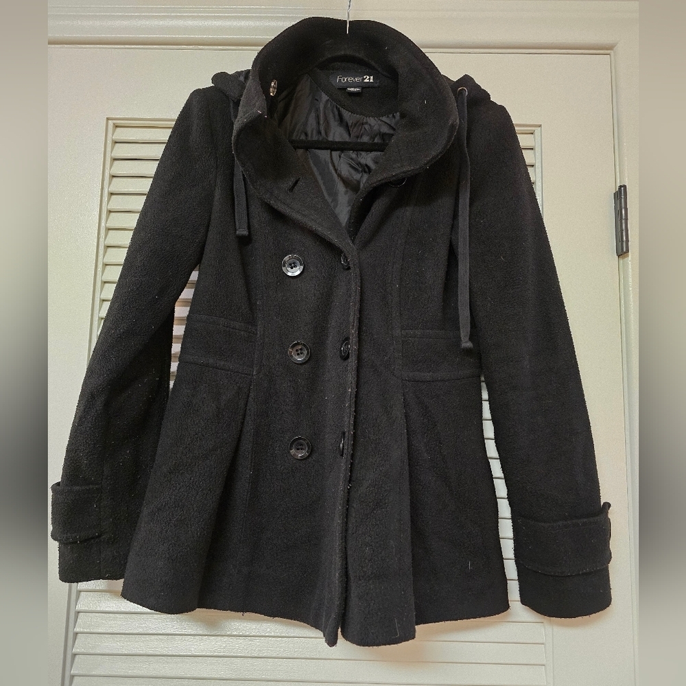 Forever 21 - Black Classic Winter Button Coat With Hood/Pockets